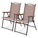 Costway Set of 2 Patio Folding Chairs, Indoor Outdoor Folding Chairs with Armrests, Steel Frame, Weather Resistant Portable Dining Seating Textilene Lounge for Lawn, Backyard, Deck (Coffee)