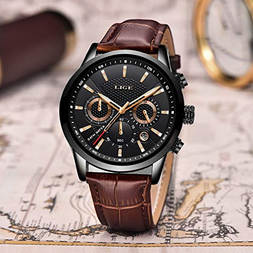 LIGE Mens Watches Chronograph Leather Waterproof Analogue Quartz Stainless Steel Business Classic Men's Wrist Watches, Black Brown, bracelet