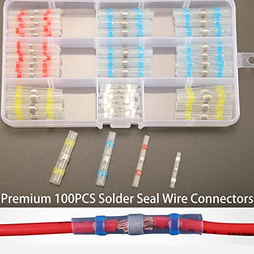 Feggizuli 100PCS Solder Seal Wire Connectors Heat Shrink Wire Connectors, Waterproof Solder Seal Heat Shrink Wire Terminal Connectors Kit Marine Grade Heat Shrink Connectors Butt Splice Connectors