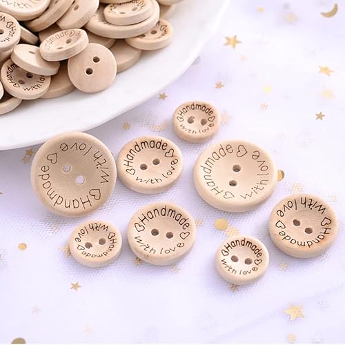 100pcs Natural Wooden Button Craft Sewing DIY Handmade with Love Wooden Buttons (15mm)