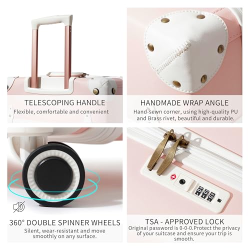 NZBZ Vintage Luggage set Carry on Cute Suitcase with Rolling Spinner Wheels TSA Lock Luggage 3 Pieces, Pink, 20inch & 24inch & 28inch, Zipper Vintage Luggage