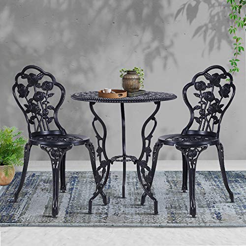 Gardeon Outdoor Garden Setting Seat 3 Piece, Cast Aluminium Bistro Set Lounge Chair Dining Coffee Table and Chairs Park Patio Porch Backyard Terrace Balcony Kids Furniture, with Floral Pattern Black