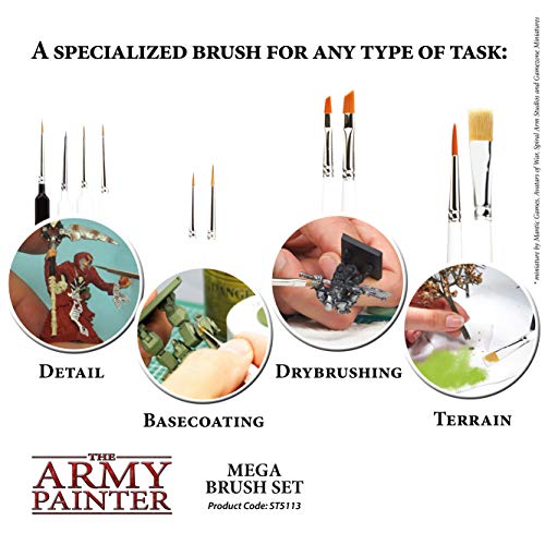 10 Miniature Paint Brushes with FREE Masterclass Kolinsky Sable Hair Brush - Durable Miniatures Paint Brush Set, Wargamer Brushes with Comfortable Grip - Wargames Mega Brush Set by The Army Painter