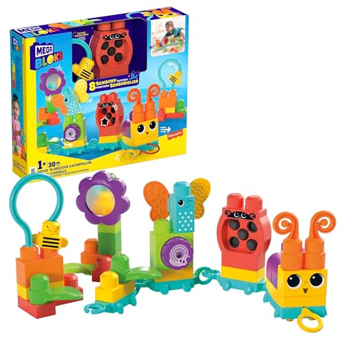 MEGA BLOKS Fisher-Price Sensory Building Blocks Toy, Move n Groove Caterpillar Train with 24 Pieces and Pull String, Toddlers Age 1+ Years