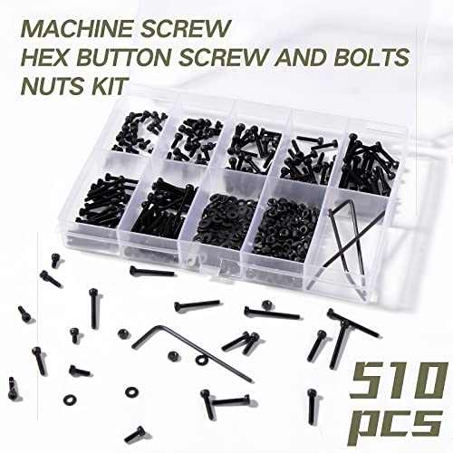 Zmbroll 510 Pcs M2 Socket Cap Screws Metric Hex Bolt Nuts Washers 12.9 Grade Alloy Steel Screw Hex Socket Head Cap Small Machine Screws Kits with Wrench Key