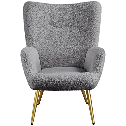 Yaheetech Boucle Fabric Accent Chair, Sherpa Furry Casual Vanity Chair with High Back and Soft Padded, Modern Fuzzy Sherpa Chair, Cozy Armchair for Living Room Bedroom Office, Gray