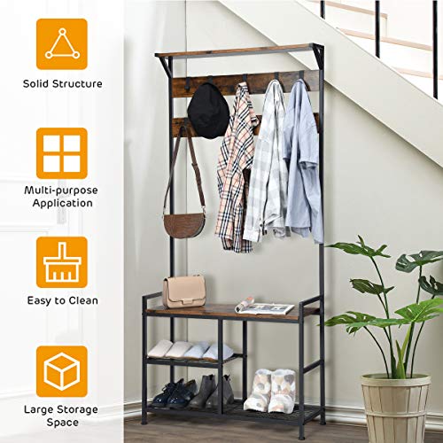 Giantex Coat Rack Stand, 3-In-1 Hall Tree Coat Rack w/Storage Shelf & 9 Hanging Hooks, 3-Tier Industrial Entryway Bench w/Metal Frame, Perfect for Entryway, Dorm Room, Apartment, Hall (Brown)