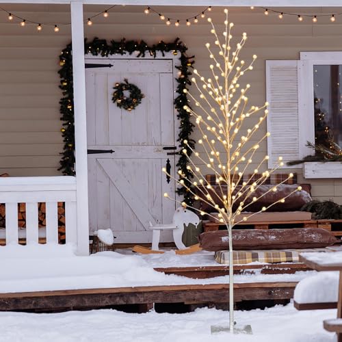 Costway 155 CM Lighted Birch Tree, Artificial Christmas Twig Tree with 168 Warm-White LED Lights, Metal Stakes, Indoor & Outdoor Christmas Holiday Party Decor, Xmas Birch Tree for Porch Home Store