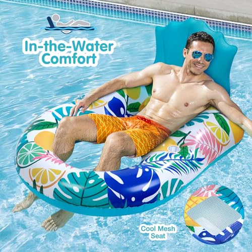 Pool Float with Canopy, Cup Holder - XL Pool Chair Lounge Float with Adjustable Sun Shade Cover, Drink Holder, Ergonomic Headrest,Inflatable Pool Float for Adults (Lemon-Pineapple)