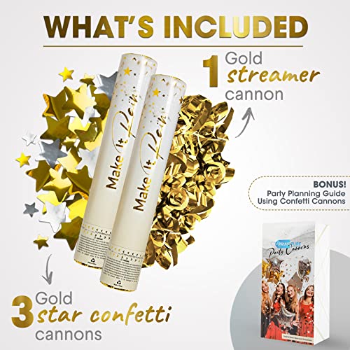 Gold Confetti Poppers 4 Pack | Confetti Cannon Party Poppers Confetti Shooter for Events Birthday Celebration | Bulk Streamer Blaster Cannon Star Launcher | Large Prank Package Gun Tube Stick