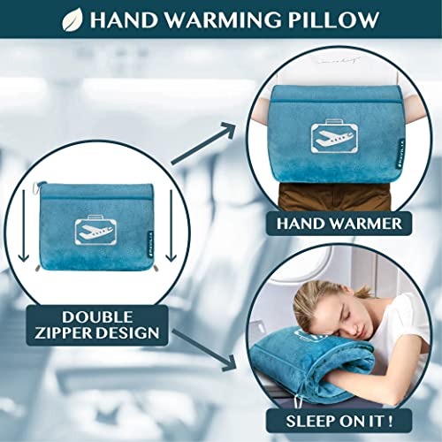 PAVILIA Travel Blanket Pillow in Soft Bag with Pockets, Airplane Blanket Set, Plane Blanket Compact Packable, Flight Essentials Car Pillow, Travelers Accessories Gifts, Luggage Strap, Turquoise