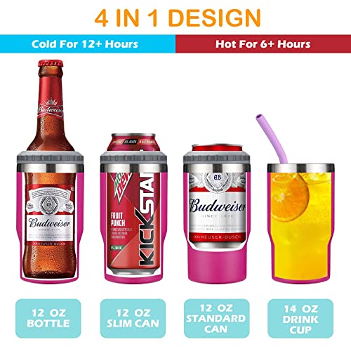 4 in 1 Beer Cooler, Stainless Steel Bottle and Can Insulator for 12oz Standard Cans, Slim Cans and Beer Bottles, or as a 14oz Coffee Mug with lid (Rose red)