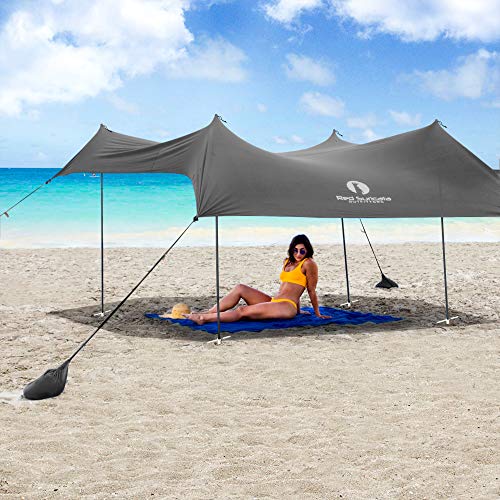 Red Suricata Family Beach Sunshade - Sun Shade Canopy | UPF50 UV Protection | Water Repellent Tent with 4 Aluminum Poles, 4 Pole Anchors, 4 Sandbag Anchors | Portable Shelter Tarp (Medium, Grey)