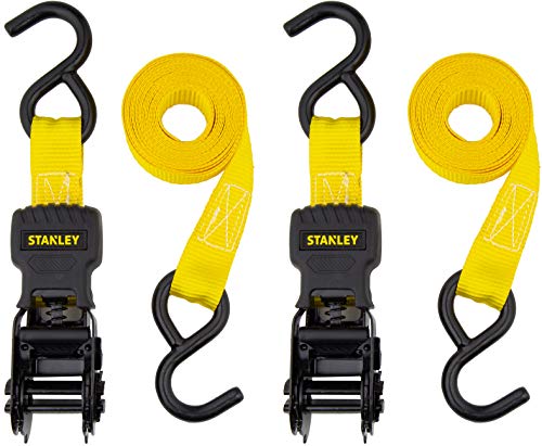 Stanley S10002 Black/Yellow 1" x 10' Ratchet Tie Down Straps - Light Cargo Hauling (1,500 lbs Break Strength), 2 Pack
