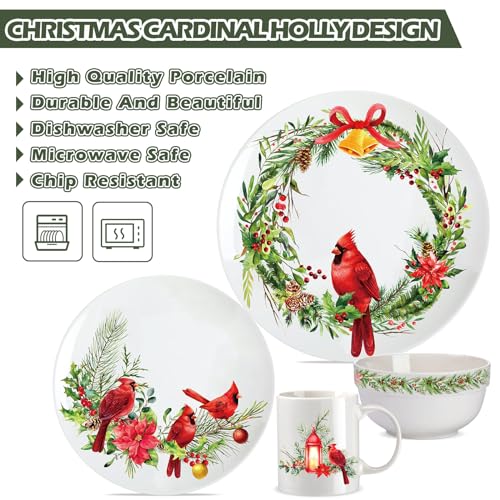 Zhehao 16 Pcs Christmas Cardinal Dinnerware Set Winter's Medley Ceramics Dinnerware Holly and Ivy Dessert Plates Festive Collection Plates Ceramic Bird Bowl Mug for Holiday Dinner Party, Service for 4