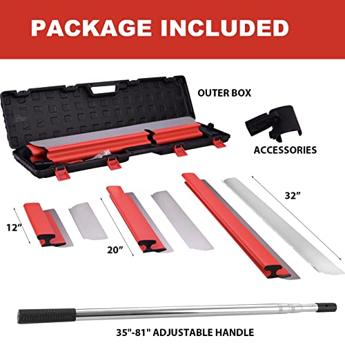 BHTOP Drywall Tools Skimming Blade with Extension Handle - 12", 20" & 32" Blades with 2 Pack 0.3 mm Blades, Construction Tools End Caps, Wall-Board with Outer Box in Red