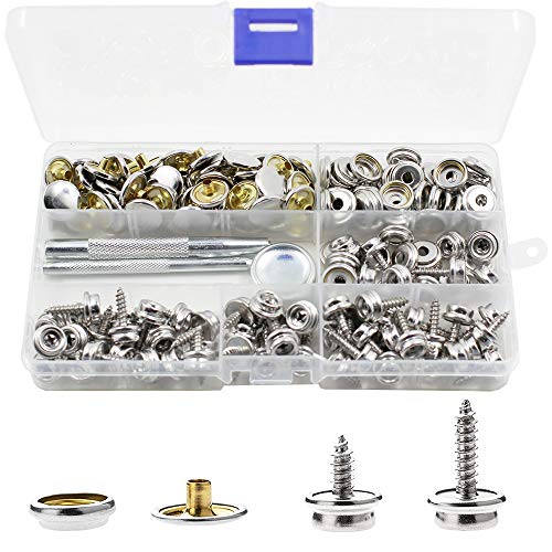 BetterJonny 180 Pieces Canvas Snap Kit, Stainless Steel Screws Snaps Marine Grade Canvas and Upholstery Boat Snaps Button Fastener with 3 Setting Tools for Boat Cover Furniture Silver