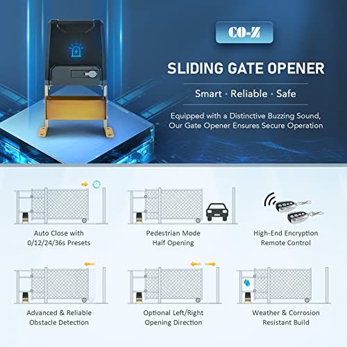 CO-Z Sliding Gate Opener, 550W Automatic Gate Opener with Safety Sensor for Doors up to 3300lb 40ft, Chain Driven Driveway Gate Opening System, Complete Gate Opener Kit with Remote Control