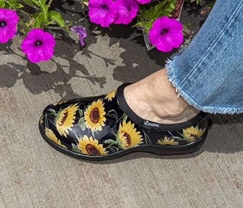 Sloggers Waterproof Garden Shoe for Women – Outdoor Slip-On Rain and Garden Clogs with Premium Comfort Support Insole, F&G, Sunflower Print Black, 11