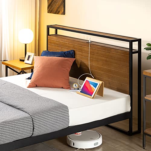 Zinus Ironline King Bed Frame with Headboard Shelf and USB Port Hub - Metal and Bamboo Wood Furniture Industrial Platform Bed