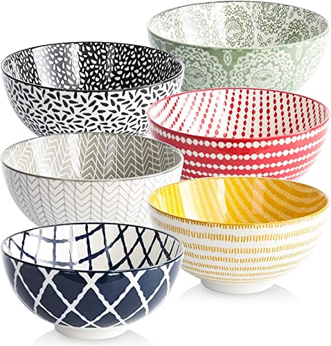 HUIRUMM Ceramic Cereal Bowl, Set of 6 Vibrant Color Dessert Bowls,22 oz Porcelain Bowl Set,Oatmeal Bowls, Bowls for Soup, Salad, Rice, Ramen, Dessert, Rice, Noodle, Bowls for Kitchen, Assorted Designs