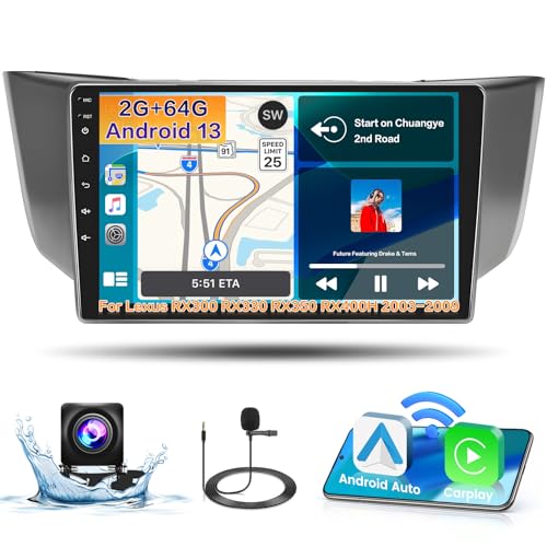 Roinvou 2+64G Android CarPlay Stereo for 2003-2009 Lexus RX300 RX330 RX350 RX400H, Built-in Wireless CarPlay with Android Auto, 9'' Touchscreen In-Dash GPS Navigation Support Mirror Link BT FM RDS AHD