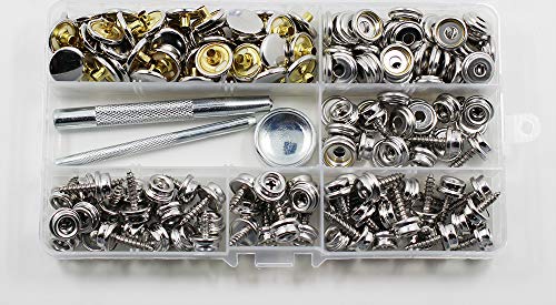 BetterJonny 180 Pieces Canvas Snap Kit, Stainless Steel Screws Snaps Marine Grade Canvas and Upholstery Boat Snaps Button Fastener with 3 Setting Tools for Boat Cover Furniture Silver