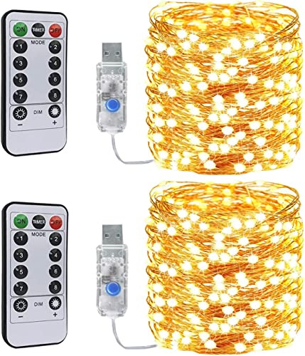 [2 Pack] QOCNAM Led String Lights, 10M 100LED String Fairy Lights USB Powered Copper Wire Lights with Remote Timer,8 Mode Waterproof for Christmas Bedroom Party Garden Wedding Decorative (Warm White)