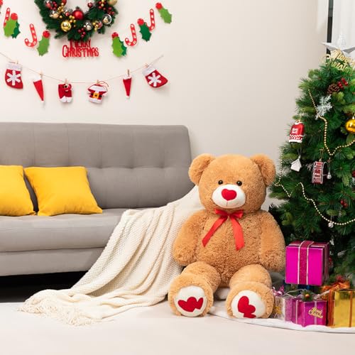 HollyHOME Giant Teddy Bear Stuffed Animal Large Bear Plush with Red Heart for Girlfriend and Kids Valentine's Day 36 inch Tan