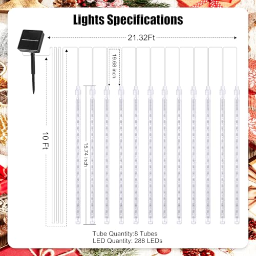 Christmas Lights Solar Powered, Meteor Shower Lights Outdoor, 16 Inches 8 Tube 288 LED Solar Meteor Lights for Tree Wedding Xmas Holiday Party Patio Decoration, Bule