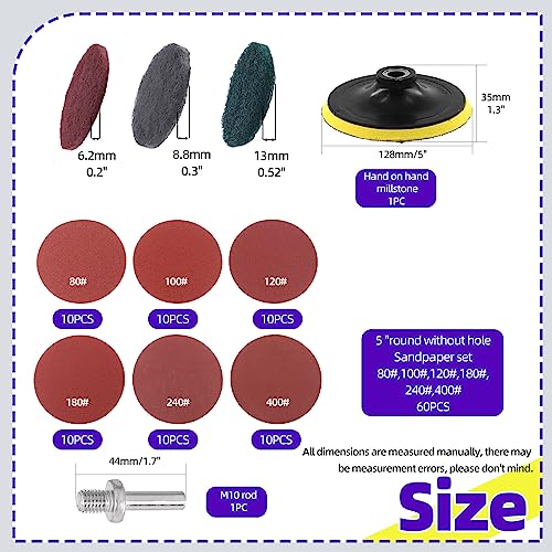 Swpeet 5 Inch Sanding Discs Pad Assorments Set, 5 Inch Hook and Loop Backing Pad with 80 100 120 180 240 400 Grit Sanding Discs and 1/4 Inch Shank, Sandpaper Disc Kit for Drill Grinder Rotary Tools