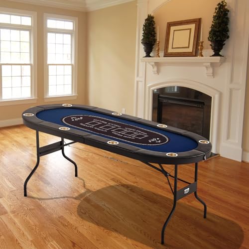 VEVOR 8 Player Foldable Poker Table, Blackjack Texas Holdem Poker Table with Padded Rails and Stainless Steel Cup Holders, Portable Folding Card Board Game Table,183cm Oval Casino Leisure Table, Blue