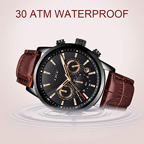 LIGE Mens Watches Chronograph Leather Waterproof Analogue Quartz Stainless Steel Business Classic Men's Wrist Watches, Black Brown, bracelet