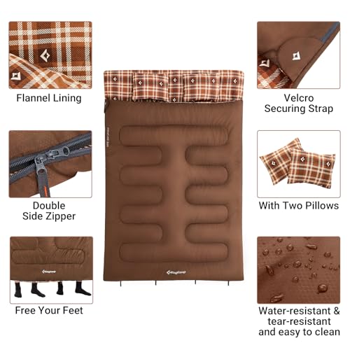 KingCamp Double Sleeping Bag for Adults Cotton Flannel Lightweight Queen Size 2 Person Sleeping Bags with 2 Pillows for Camping Backpacking or Hiking Outdoor XL Sleeping Bag w/Compact Compression Sack