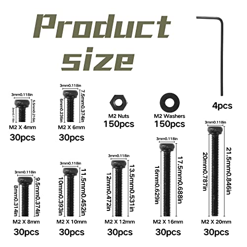 Zmbroll 510 Pcs M2 Socket Cap Screws Metric Hex Bolt Nuts Washers 12.9 Grade Alloy Steel Screw Hex Socket Head Cap Small Machine Screws Kits with Wrench Key