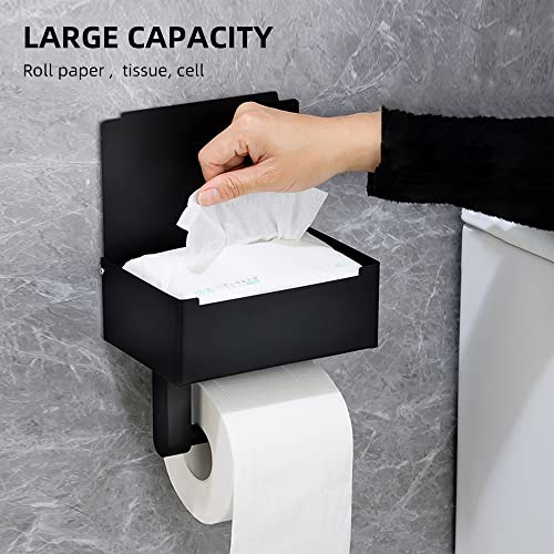 Eacam Black Stainless Steel Toilet Paper Holder with Wipes Dispenser,Mobile Phone Rack for Bathroom with Wipe Storage Shelf Keep Your Wipes Out of Sight - Wall Mount Paste Mount