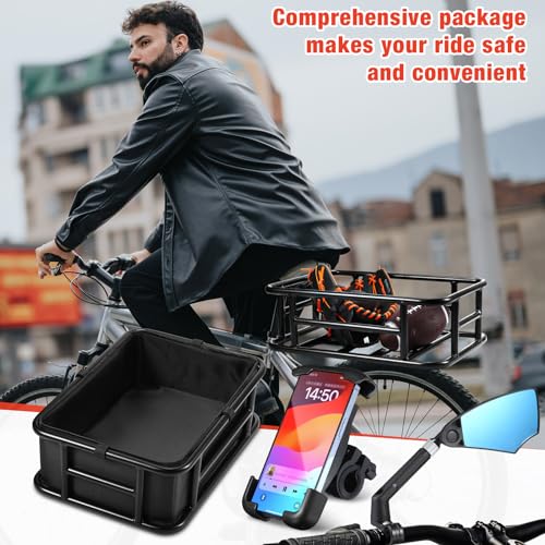 DaisyInner 3 Pcs Ebike Accessories Included 360 Degree Adjustable Rotatable Handlebar Bike Mirror Bicycle Rear Basket and Bike Phone Holder View Mirror Bicycle Basket for Bike Electric Bike Ebike