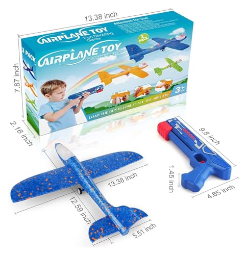 2 Pcs Flying Airplane Toys with Launcher,Foam Glider Planes,Kids Outdoor Toys Yard Games, for 4 5 6 7 8 9 10 Years Old Boys Girls, Airplane Birthday Party Supplies(Red,Blue)