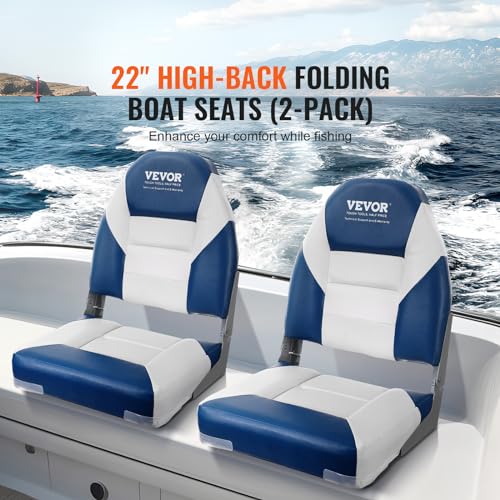 VEVOR Boat Seats, 555 mm High Back Boat Seat, Folding Boat Chair with Thickened Sponge Padding and Hinge, Fold-Down Boat Captain Chairs for Fishing Boat, Sightseeing Boat, Speedboat, Canoe, 2-Pack