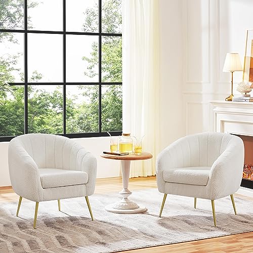 Yaheetech Sherpa Fabric Accent Chair, Modern Cozy Vanity Chair with Gold Metal Legs, Boucle Fabric Armchair with Removable Seat Cushion for Living Room Bedroom Office Guest Room, Ivory