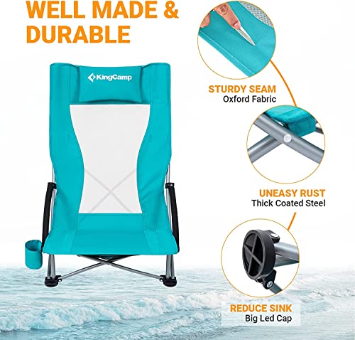 KingCamp Low Sling Beach Camping Concert Folding Chair, Low and High Mesh Back Two Versions (Cyan-High Back-2 Pack)