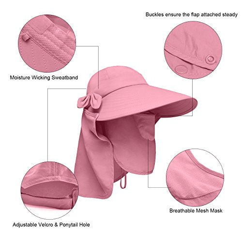 Lenikis Women's UPF50+ Sun Visor Foldable Wide Brimmed UV Protection Hat with Detachable Flaps Pink