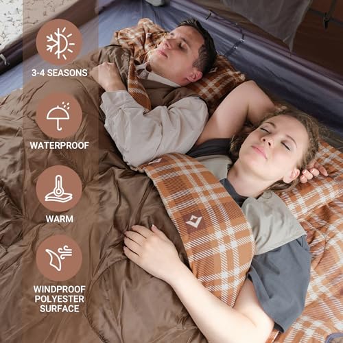 KingCamp Double Sleeping Bag for Adults Cotton Flannel Lightweight Queen Size 2 Person Sleeping Bags with 2 Pillows for Camping Backpacking or Hiking Outdoor XL Sleeping Bag w/Compact Compression Sack