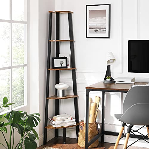 VASAGLE Industrial Bookcase, 5-Tier Corner Shelf, Plant Stand Wood Look Accent Furniture with Metal Frame for Home and Office ULLS35X, Rustic Brown