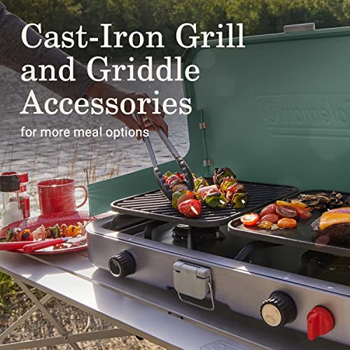 Coleman Cascade™ 3-in-1 2 Burner Gas Cooking Camping Stove, Portable and Durable, 2 Wind Guards, Includes Cat Iron Griddle and Grill