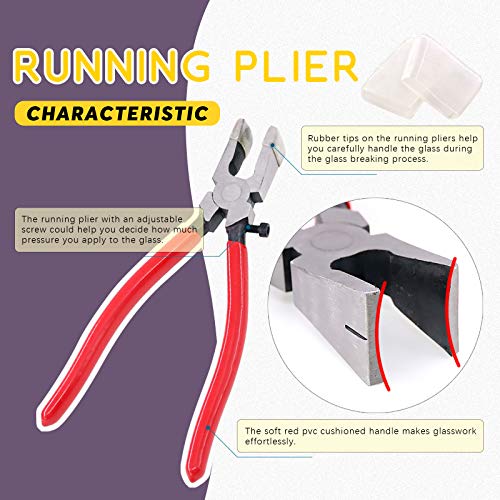 Swpeet 9Pcs Glass Cutter Tool Kit, Breaker Grozer Pliers and Curve Jaw Glass Running Pliers Kit with Rubber Tips, Pencil Oil Feed Carbide Tip Glass Cutter, 2Pcs Blades with Oil Dropper and Screwdrive