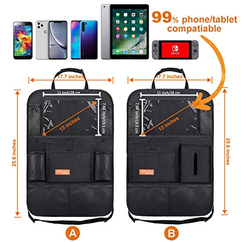 Car Backseat Organizer for Kick Mat, Extended Size and Larger Pockets Car Back Seat Protector with 11.5" Screen Tablet Holder + 19 Storage Pockets for Toy Bottle Tissue Box Travel Accessories (2 Pack)