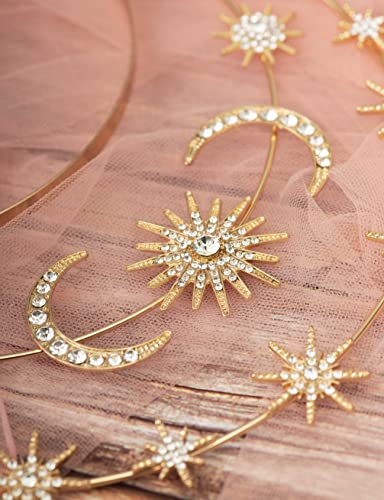 Zivyes Halo Crown Headpiece with Earrings Star Moon Goddess Crown Halo Headband Tiaras and Crowns for Women Boho Wedding Headpiece, one size, Crystal 1-Gold