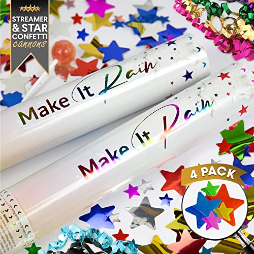 Multicolor Confetti Poppers 4 Pack | Confetti Cannon Party Poppers Confetti Shooter for Events Birthday Celebration | Bulk Streamer Blaster Cannon Star Launcher | Large Prank Package Gun Tube Stick