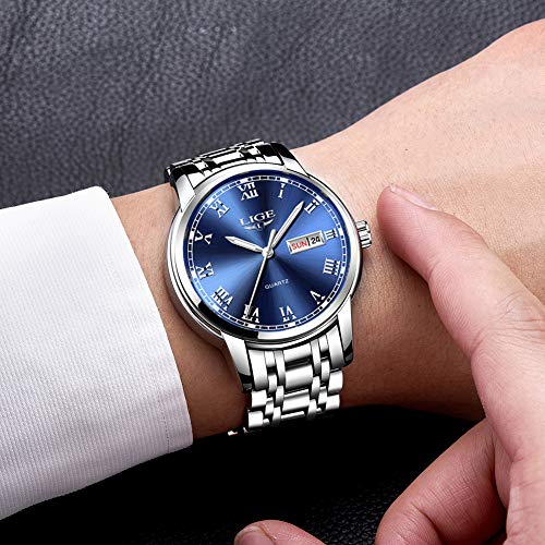 LIGE Watch for Men Fashion Elegant Analog Quartz Watch for Male Casual Waterproof Silver Stainless Steel Calendar Luxury Business Gents Dress Wristwatch Blue Round Dial